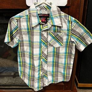 Blue green white and grey short sleeve button down shirt for kids size 2T